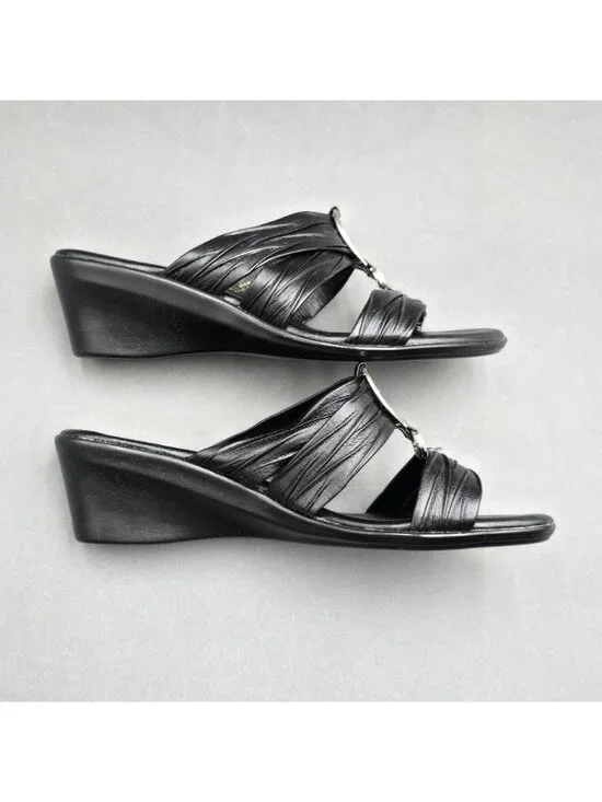 Italian Shoemakers Aleena Black Wedge Sandals Size 7 M Rhinestone Detail Slide - Picture 5 of 8